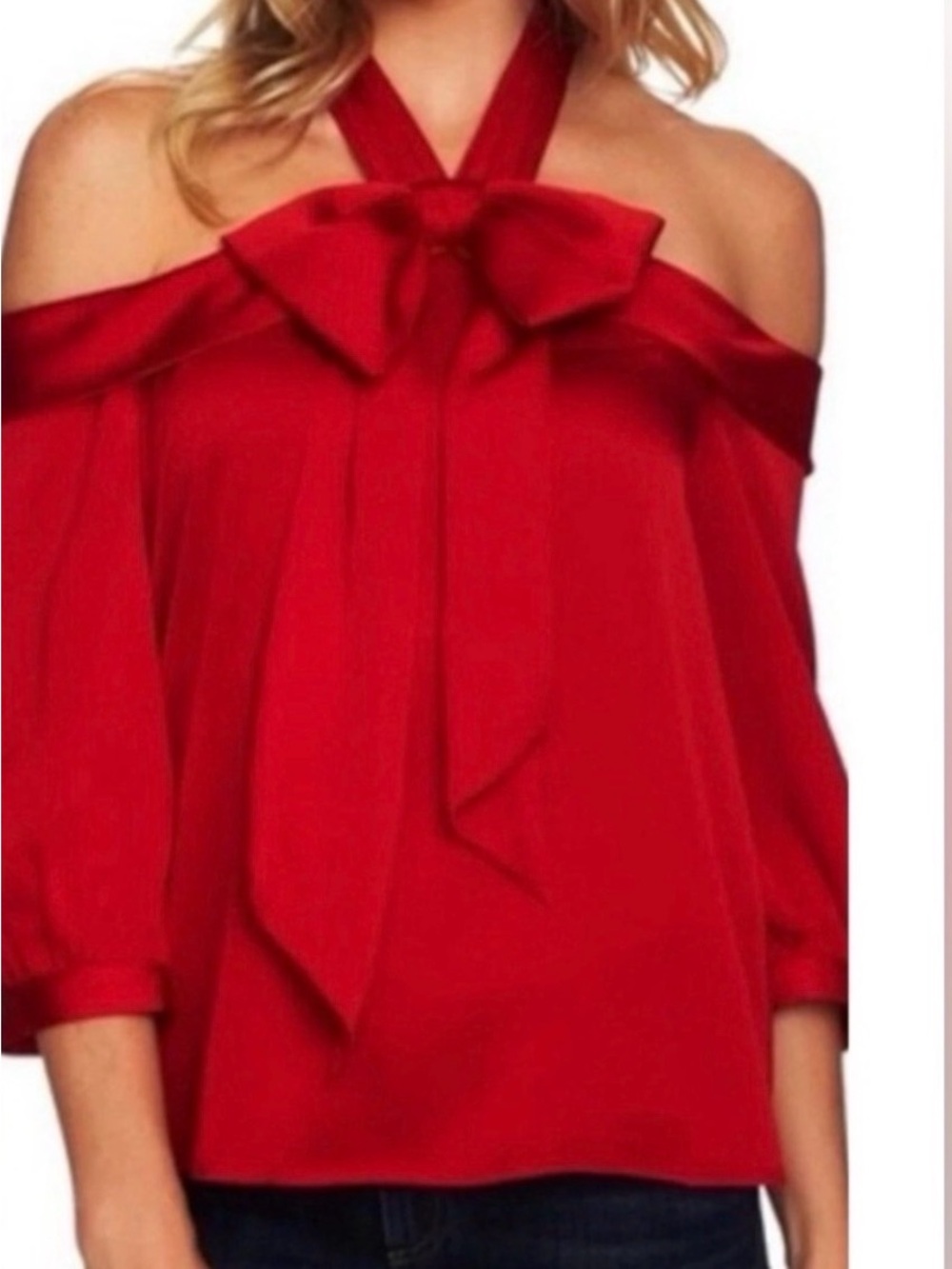Like new CeCe Red Cold or Off n 3 quarter Shoulder Bow Tie Halter Blouse Size S